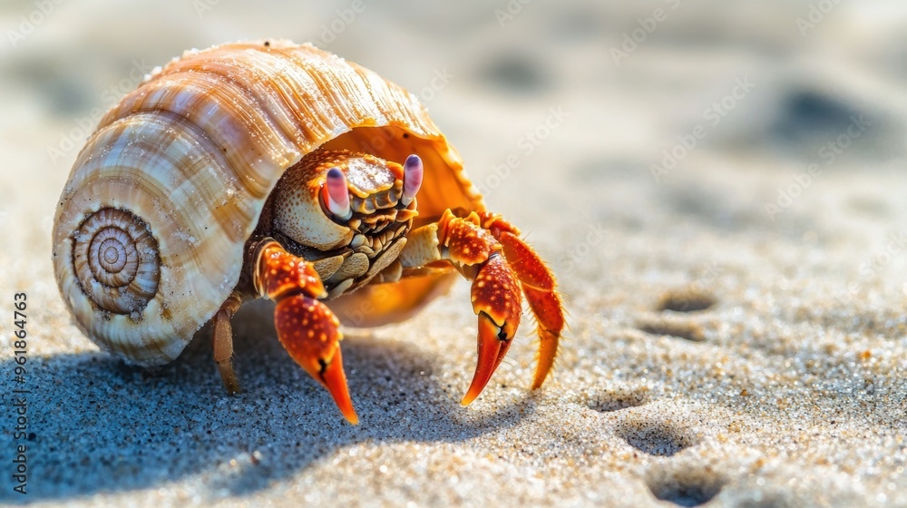 Vibrant Orange Hermit Crab Emerging from Spiral Shell on Sandy Beach Vibrant Orange Hermit Crab Emerging from Spiral Shell on Sandy Beach