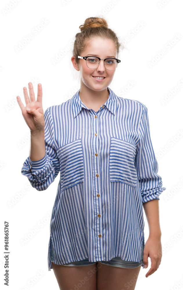 Young blonde business woman showing and pointing up with fingers number four while smiling confident and happy. Young blonde business woman showing and pointing up with fingers number four while smiling confident and happy.