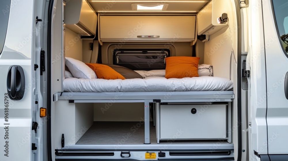 Cozy and Functional Campervan Interior with Bed and Storage Spaces for Adventurous Journeys Cozy and Functional Campervan Interior with Bed and Storage Spaces for Adventurous Journeys