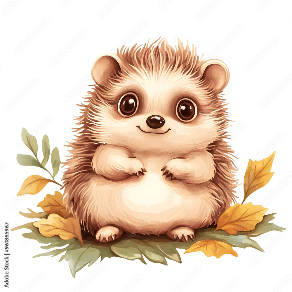 Obraz premium Hedgehog playing in a pile of leaves clipart, Autumn season, watercolor clipart, isolated on white background.