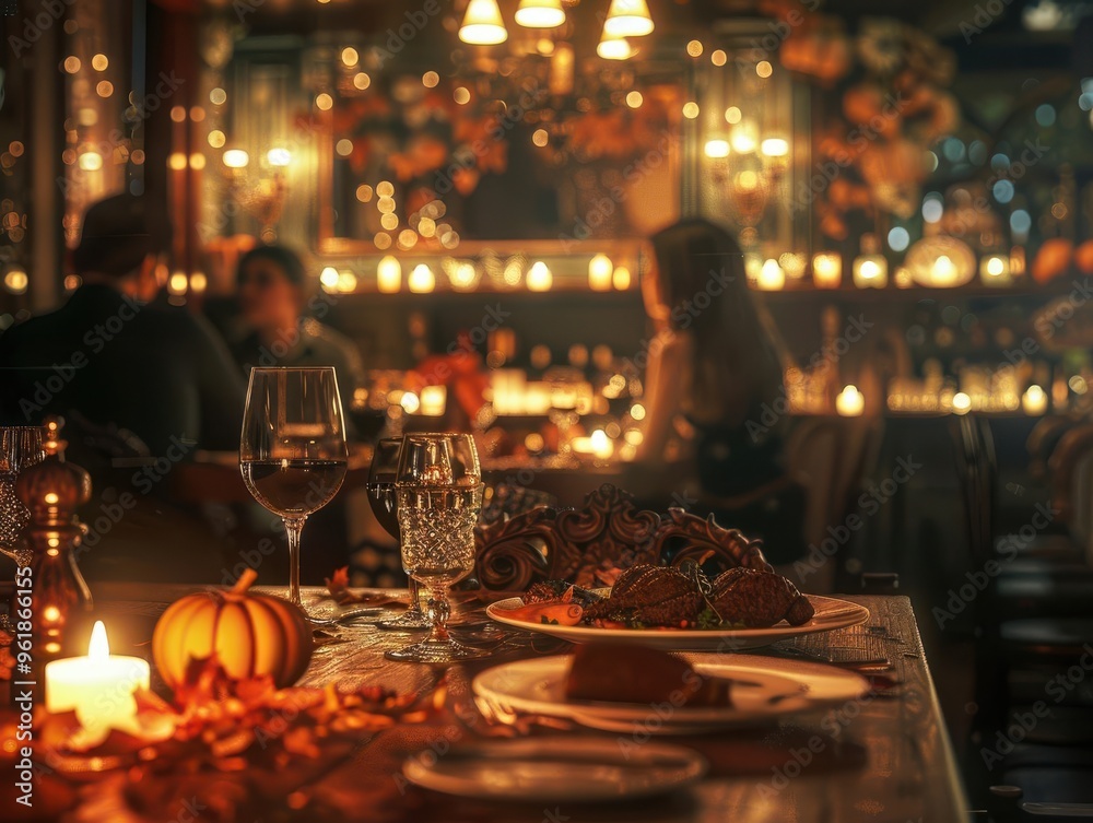 Cozy autumn-inspired restaurant setting with a beautifully set table, warm lighting, and seasonal decorations.