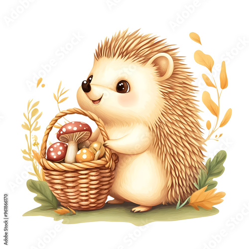 A super cut chubby Hedgehog holding a mushroom clipart, Autumn season, watercolor clipart photo