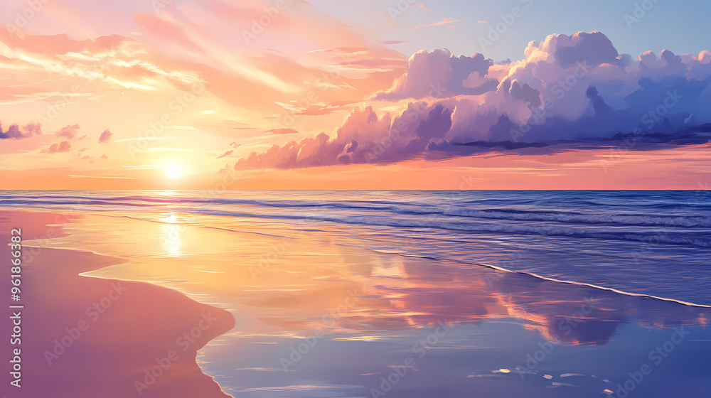 Fototapeta premium A peaceful sunset on a sandy beach with colorful sky reflecting on the water, sunset, beach, water, sky, peaceful, tranquil. Sunset Beach. Illustration