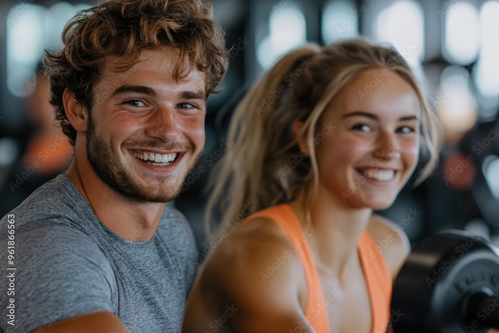 A man and a woman are happily engaging in a workout session at a gym, both smiling and wearing athletic attire, embodying the spirit of fitness and camaraderie. A man and a woman are happily engaging in a workout session at a gym, both smiling and wearing athletic attire, embodying the spirit of fitness and camaraderie.