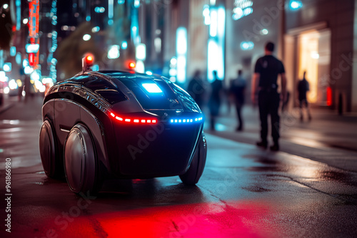 A futuristic city life with police robot reconnoiter, the safety in the glowing night city.