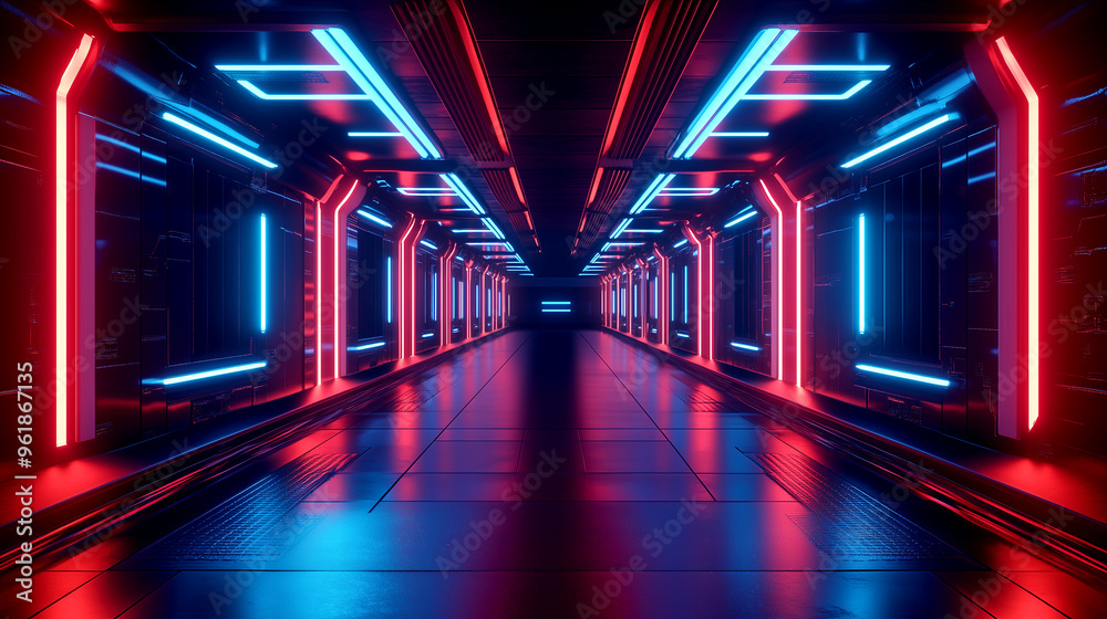 A futuristic corridor illuminated with red and blue neon lights. A futuristic corridor illuminated with red and blue neon lights.