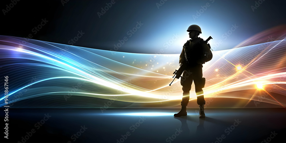 3D Glowing Soldier Silhouette Against Abstract Background | Powerful Digital Art Symbolizing Bravery & Honor on Hari Pahlawan