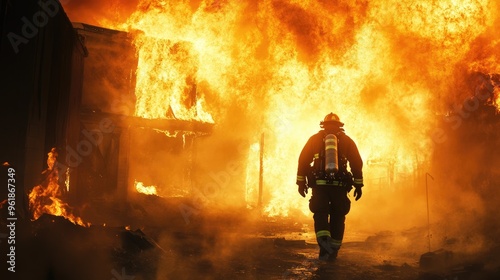 A heroic firefighter approaching a massive fire engulfing a building, the heat and danger visible as he steps forward into the blaze photo