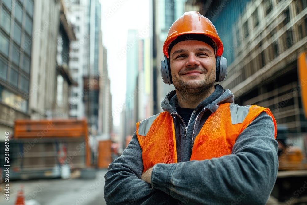 Construction Worker With Headphones. Smiling Contractor in City, Arms Crossed Construction Worker With Headphones. Smiling Contractor in City, Arms Crossed