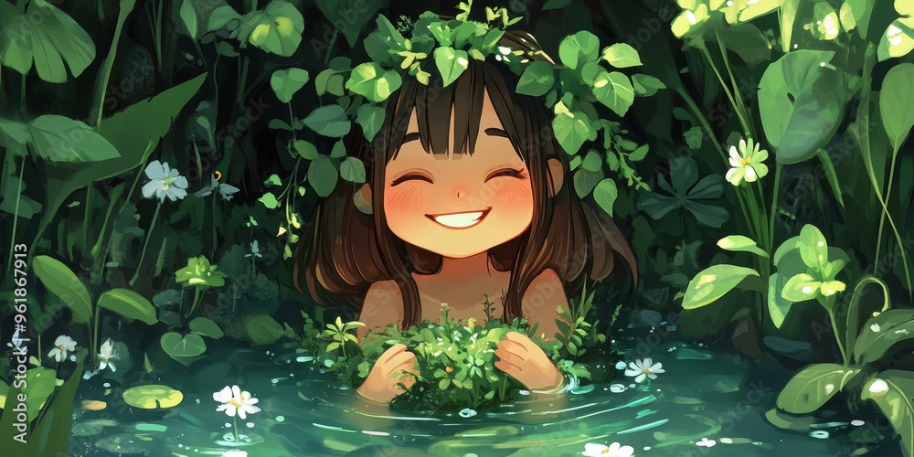 Smiling girl in pond surrounded by green foliage.