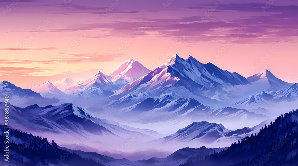 A beautiful landscape of a mountain range at sunset. the sky is a gradient of purple and pink, and the clouds are a light pink. the mountains are covered in snow. Mountain Range. Illustration