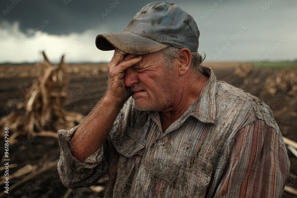 A disheartened farmer stands in a muddy field touching his ear, surrounded by the remnants of a ruined crop and under threatening skies, symbolizing his emotional and physical exhaustion. A disheartened farmer stands in a muddy field touching his ear, surrounded by the remnants of a ruined crop and under threatening skies, symbolizing his emotional and physical exhaustion.