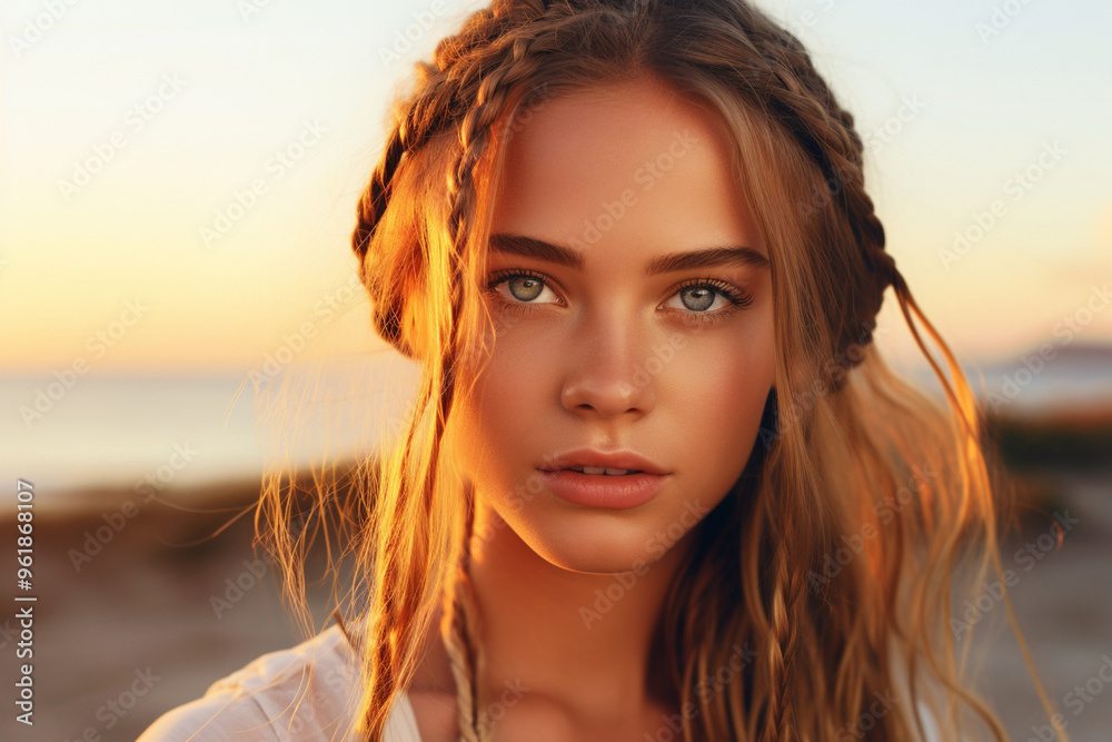 Young female model with braided hair, outdoor beach setting, golden sunset light, soft highlights on skin, close-up, warm color palette, serene mood, focus on face, blurred horizon Young female model with braided hair, outdoor beach setting, golden sunset light, soft highlights on skin, close-up, warm color palette, serene mood, focus on face, blurred horizon
