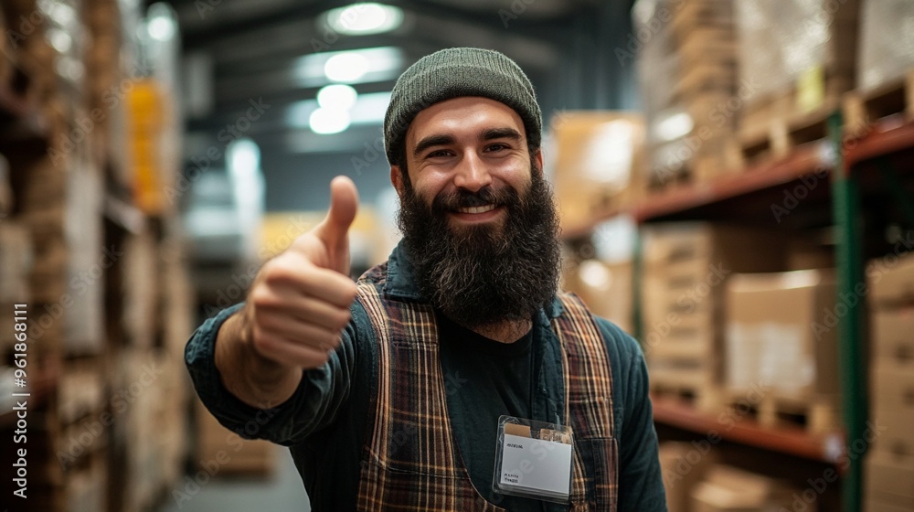 Bearded warehouse worker gives enthusiastic thumbs up, showcasing positive attitude in industrial setting. Plaid shirt and beanie complete his casual work attire. Bearded warehouse worker gives enthusiastic thumbs up, showcasing positive attitude in industrial setting. Plaid shirt and beanie complete his casual work attire.