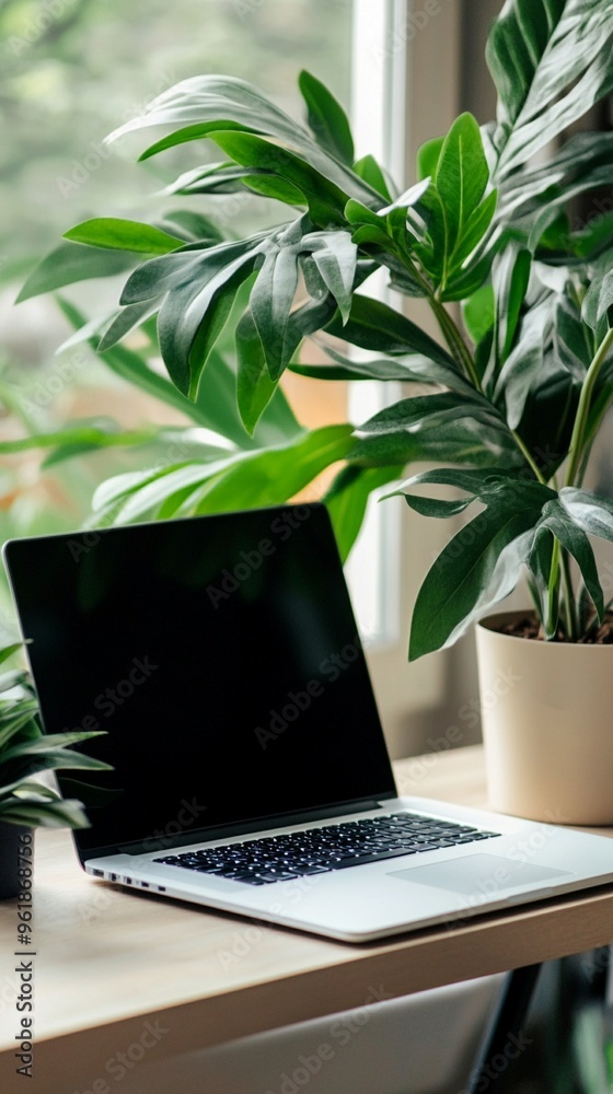 Modern workspace with laptop on wooden desk near window, surrounded by lush green houseplants, creating a serene and productive home office environment. Modern workspace with laptop on wooden desk near window, surrounded by lush green houseplants, creating a serene and productive home office environment.