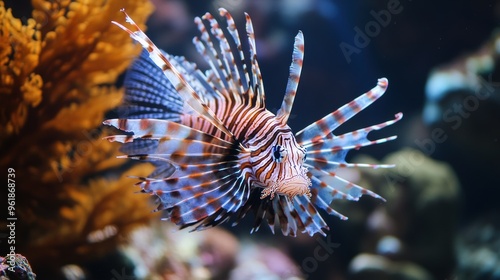 Vibrant Venomous Lionfish Swimming in Exotic Coral Reef Underwater Aquarium