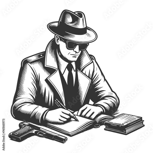detective writing in a notebook, gun placed on the table, classic noir style sketch engraving generative ai fictional character vector illustration. Scratch board imitation. Black and white image.