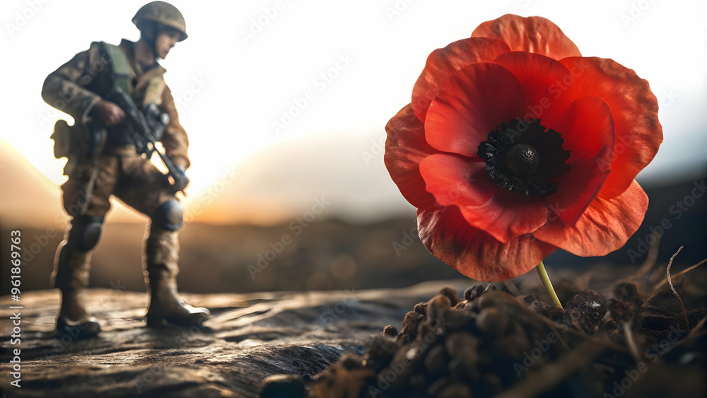 3D Poppy and Soldier Silhouette Icon - Serene Remembrance Concept for Veterans Day, Floating in Zero Gravity on White Background 3D Poppy and Soldier Silhouette Icon - Serene Remembrance Concept for Veterans Day, Floating in Zero Gravity on White Background