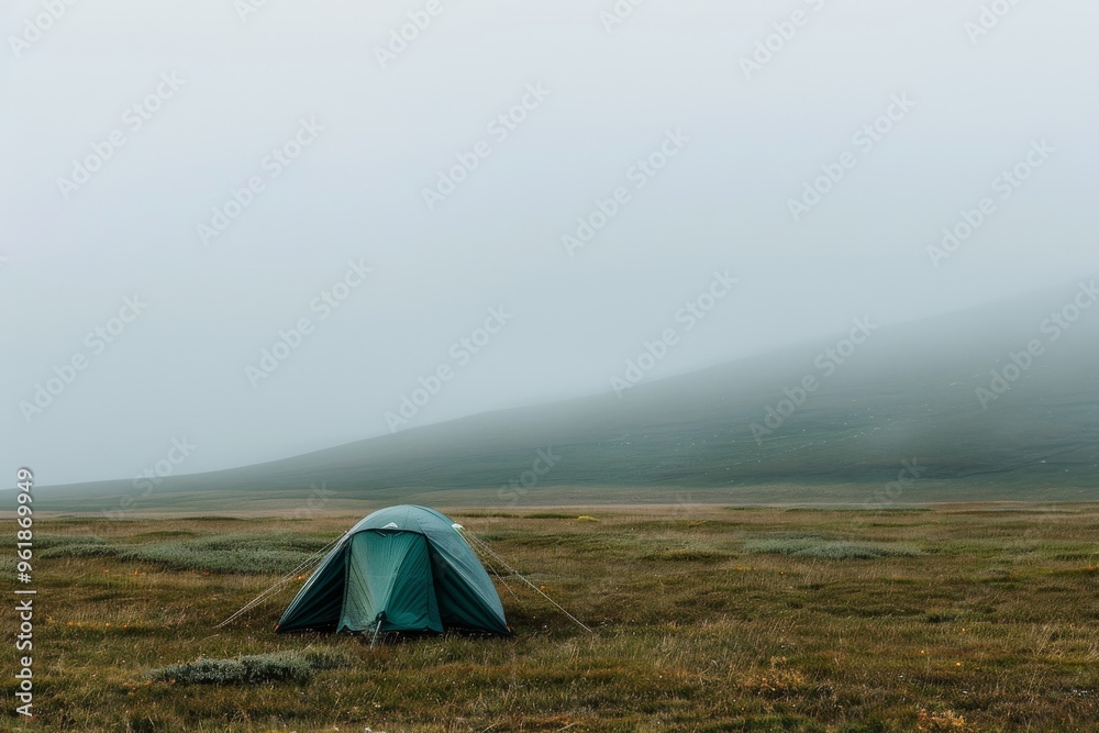 Tent pitched in a misty meadow on a foggy morning Tent pitched in a misty meadow on a foggy morning