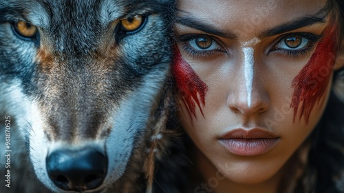 Face the hunter woman with the wolf head looked at him seriously background wallpaper AI generated image photo