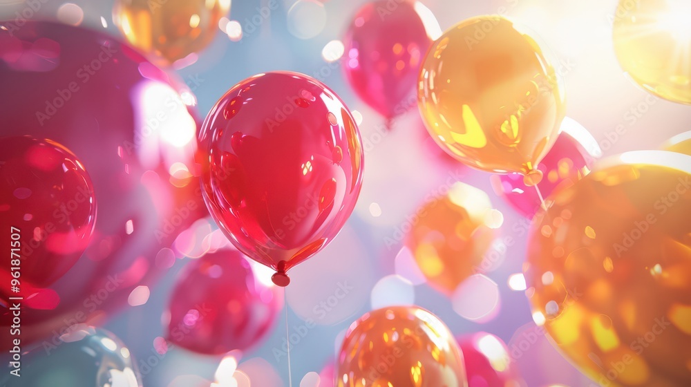 Happy birthday balloons floating against a bright background Happy birthday balloons floating against a bright background