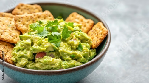 Fresh guacamole served with crispy crackers, garnished with cilantro, perfect for snacking or parties.