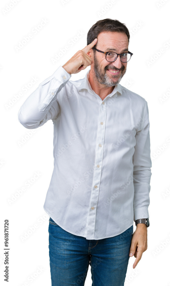 Handsome middle age elegant senior business man wearing glasses over isolated background Smiling pointing to head with one finger, great idea or thought, good memory Handsome middle age elegant senior business man wearing glasses over isolated background Smiling pointing to head with one finger, great idea or thought, good memory