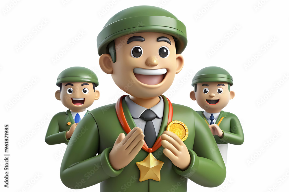 3D Soldier Receiving Medal with Proud Smile - Candid Moment of Honor and Achievement Amidst Fellow Soldiers Applauding on Hari Pahlawan 3D Soldier Receiving Medal with Proud Smile - Candid Moment of Honor and Achievement Amidst Fellow Soldiers Applauding on Hari Pahlawan