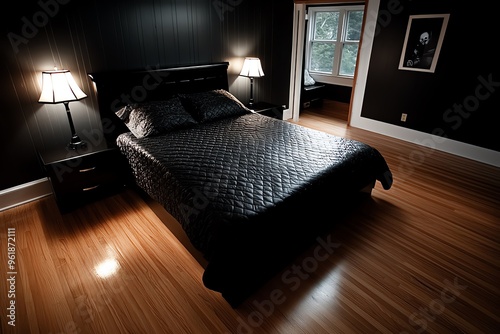 Spooky bedroom, creaky wooden floors, ominous sounds make every step feel like it disturbs the spirits photo