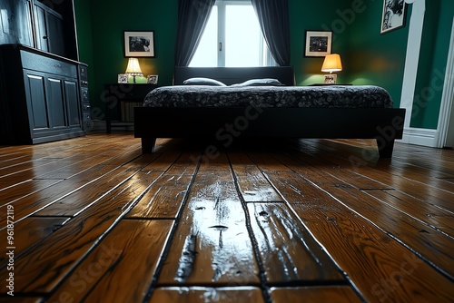 Spooky bedroom, creaky wooden floors, ominous sounds make every step feel like it disturbs the spirits photo