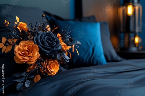 Spooky bedroom, dark floral arrangements, dried and withered add a touch of decayed beauty to the space photo