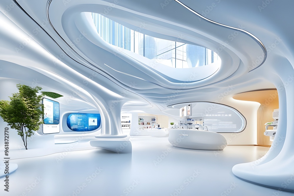 Futuristic Interior Design with Curved Walls and White Furniture. Futuristic Interior Design with Curved Walls and White Furniture.