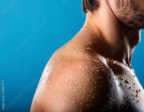 Wallpaper Mural  Wet skin with water droplets on a shoulder, close-up on a blue background, symbolizing hydr_1(895) Torontodigital.ca