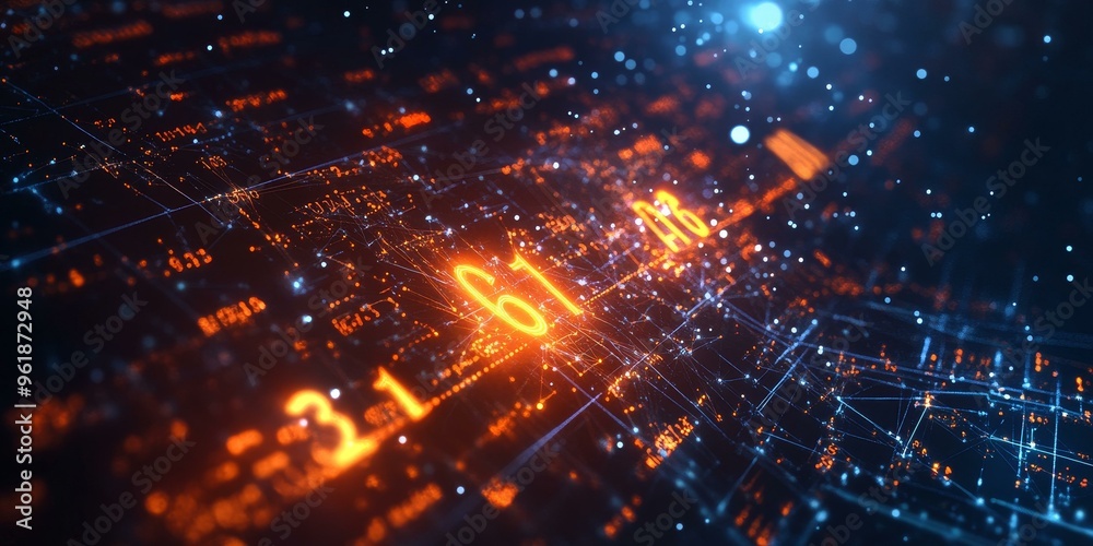 Obraz premium Glowing numbers on a dark, intricate grid.