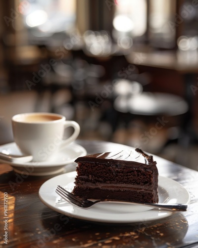 Chocolate cake slice with coffee in cafe