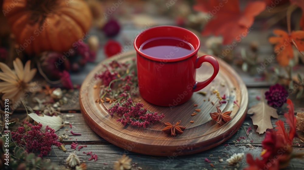 A red tea cup rests on a wooden board surrounded by autumn decor, including dried flowers, leaves, and a pumpkin. The composition and warm, earthy tones create a welcoming, rustic autumn scene perfect A red tea cup rests on a wooden board surrounded by autumn decor, including dried flowers, leaves, and a pumpkin. The composition and warm, earthy tones create a welcoming, rustic autumn scene perfect