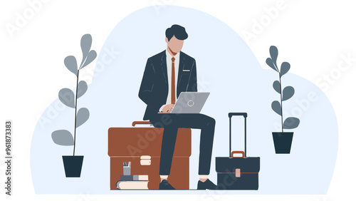 A professional man is working on a laptop while seated on a suitcase, surrounded by indoor plants