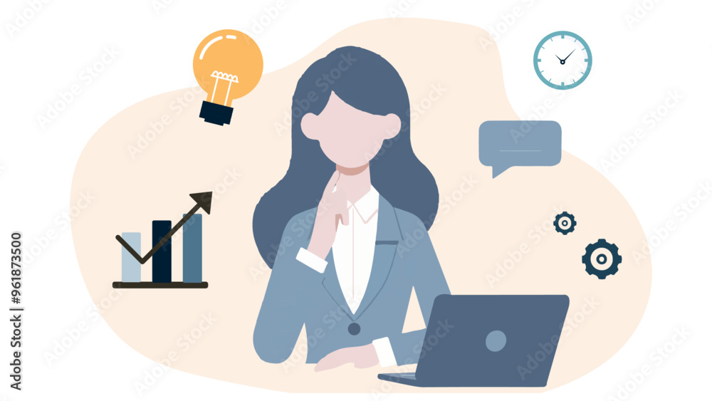 Thoughtful woman in professional attire engages with her laptop, surrounded by symbols representing ideas, time, and growth Thoughtful woman in professional attire engages with her laptop, surrounded by symbols representing ideas, time, and growth