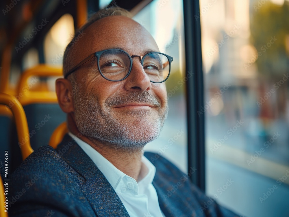 Fototapeta premium Contented Man Smiling on City Bus