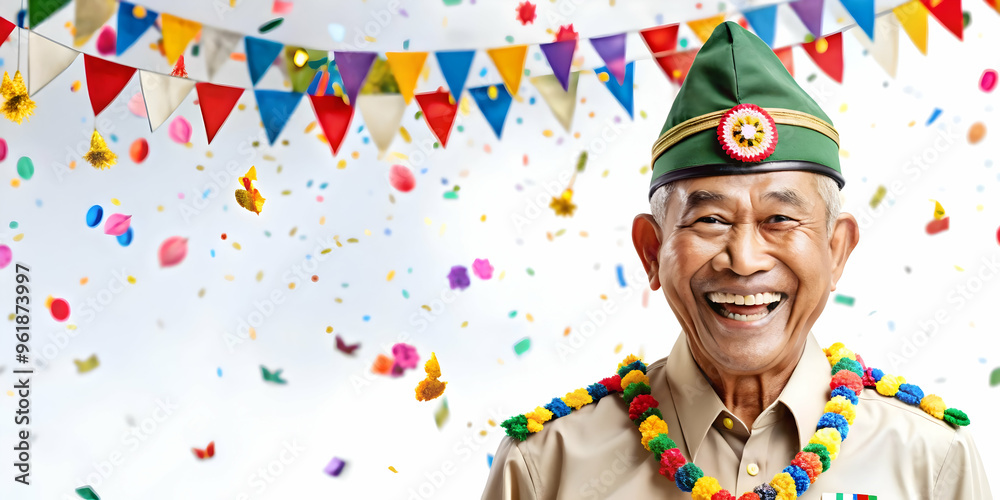 Fototapeta premium 3D Icon of a Veteran Joyfully Waving in Community Parade | Hari Pahlawan Celebration of Unity and National Pride