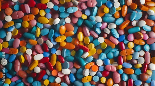 Colorful array of pharmaceutical pills and capsules scattered across the frame, showcasing a vibrant spectrum of medication in various shapes and sizes.