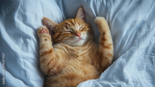 Adorable ginger tabby cat sleeping peacefully on soft blue bedding, paws stretched upwards in a relaxed pose, showcasing its cute pink toe beans.