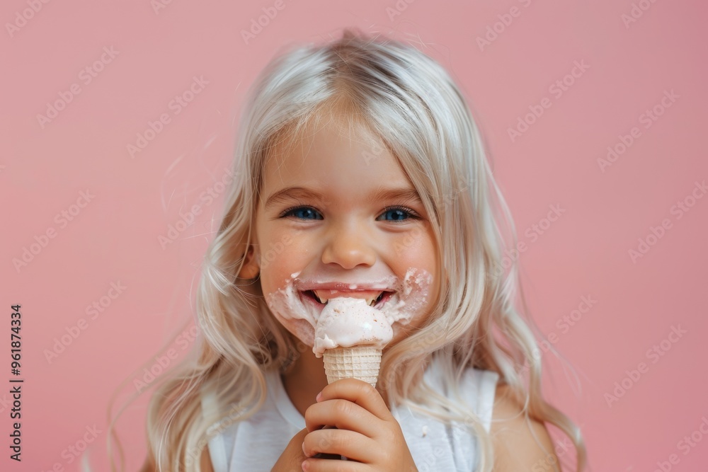 Cute and charming girl long hair enjoys serene outdoor moment. A child experiences bliss with an ice cream cone. Her playful demeanor reflects unbridled happiness of child's imagination. Cute and charming girl long hair enjoys serene outdoor moment. A child experiences bliss with an ice cream cone. Her playful demeanor reflects unbridled happiness of child's imagination.