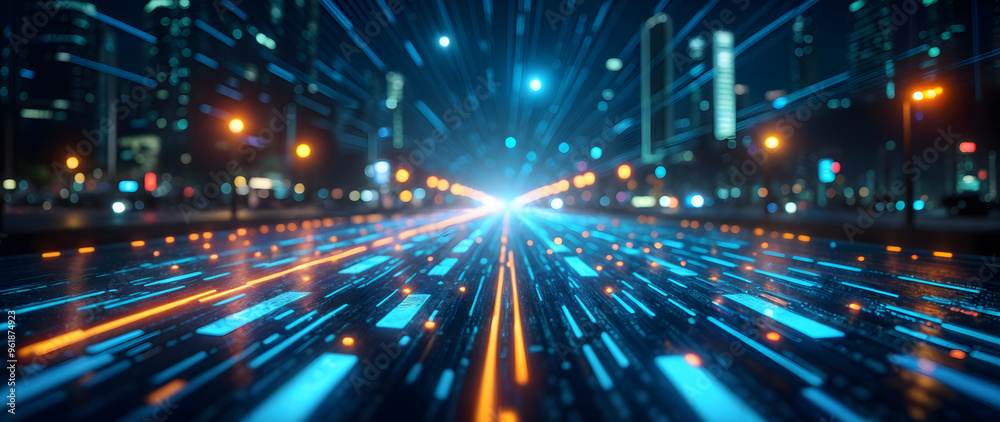 Fototapeta premium Futuristic connected smart city street with glowing digital lines at night