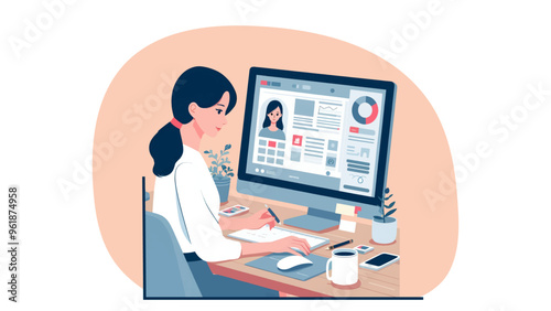 Woman sits at her desk, engaging with digital data on a computer screen while taking notes