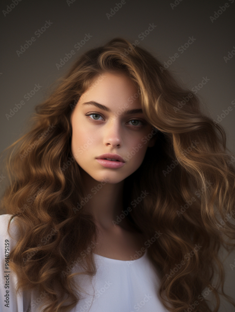 Naklejka premium Young female model with wavy hair, studio portrait, soft and even lighting, elegant and polished look, neutral background, sharp focus on face, deep shadows, minimal color palette, confident expressi