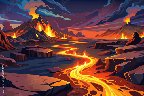 Volcano lava river hell rock cave view fantasy game cartoon background.