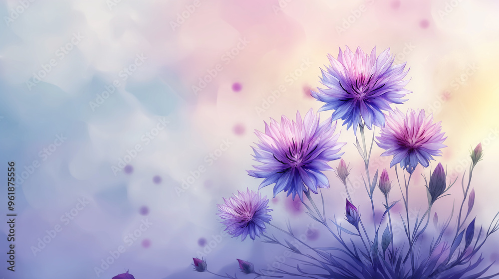Obraz premium Blue purple watercolour cornflower knapweed centaurea flower banner with copy space. Floral blossom concept