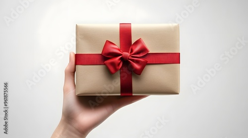 Hand Holding a Gift Box with a Bow: A hand presenting a neatly wrapped gift box with a perfectly tied bow, against a plain white background. 