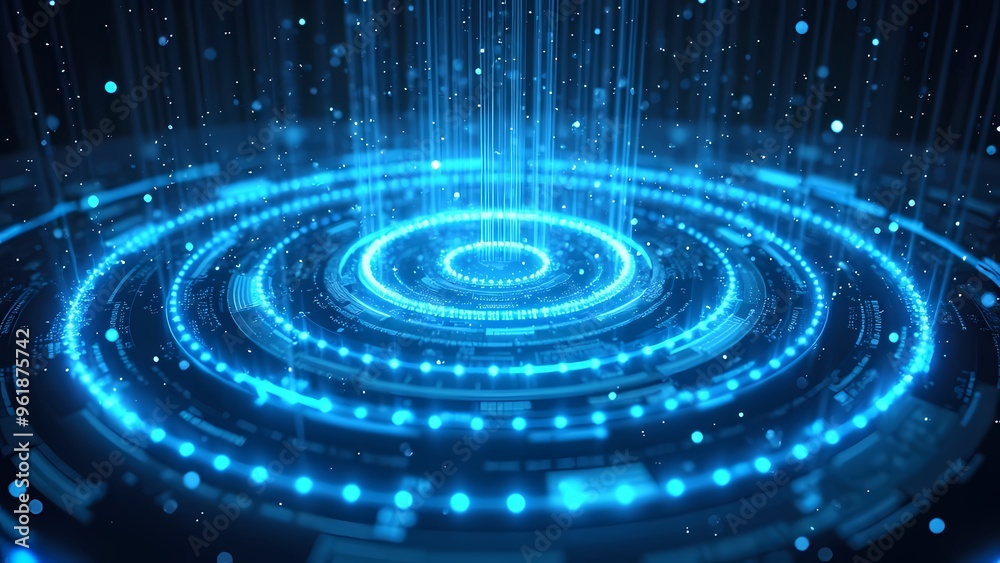 Fototapeta premium Glowing Blue Concentric Circles with Floating Light Particles